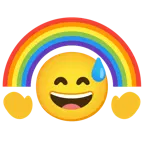 grinsendes Gesicht mit Schweißtropfen + Regenbogen
