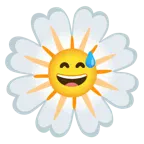 grinsendes Gesicht mit Schweißtropfen + gelbe Blüte
