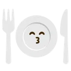 kissing face with smiling eyes + fork and knife with plate