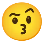 kissing face with smiling eyes + face with raised eyebrow