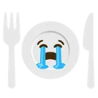 loudly crying face + fork and knife with plate