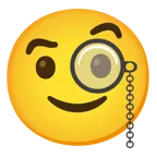 slightly smiling face + face with monocle