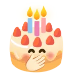 faccina con mano sulla bocca + torta di compleanno