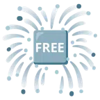 Feuerwerk + Wort „Free“ in blauem Quadrat