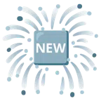 Feuerwerk + Wort „New“ in blauem Quadrat