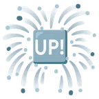 Feuerwerk + Schriftzug „UP!“ im blauen Quadrat