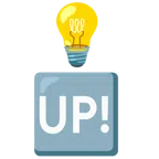 Glühbirne + Schriftzug „UP!“ im blauen Quadrat