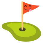 face savoring food + flag in hole
