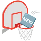 Basketball + Wort „New“ in blauem Quadrat