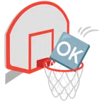 Basketball + Großbuchstaben OK in blauem Quadrat