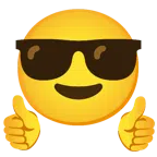 pollice in su + faccina con sorriso e occhiali da sole