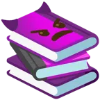 Bücherstapel + wütendes Gesicht mit Hörnern