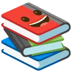 Bücherstapel + grinsendes Gesicht