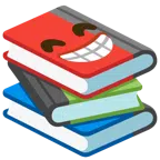 Bücherstapel + strahlendes Gesicht mit lachenden Augen