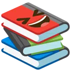 Bücherstapel + Grinsegesicht mit zugekniffenen Augen