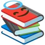Bücherstapel + lächelndes Gesicht mit Heiligenschein