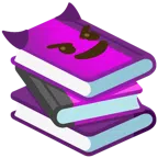 Bücherstapel + grinsendes Gesicht mit Hörnern