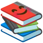Bücherstapel + lächelndes Gesicht mit lachenden Augen