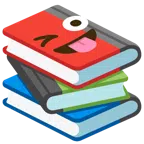Bücherstapel + zwinkerndes Gesicht mit herausgestreckter Zunge