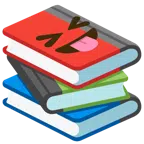 Bücherstapel + Gesicht mit herausgestreckter Zunge und zusammengekniffenen Augen