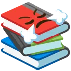 Bücherstapel + schnaubendes Gesicht