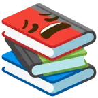 Bücherstapel + erschöpftes Gesicht