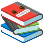 Bücherstapel + Grimassen schneidendes Gesicht