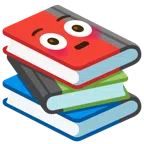 Bücherstapel + errötetes Gesicht mit großen Augen