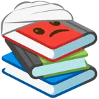 Bücherstapel + Gesicht mit Kopfverband