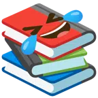 Bücherstapel + sich vor Lachen auf dem Boden wälzen