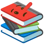 Bücherstapel + lügendes Gesicht