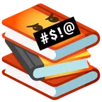 Bücherstapel + Gesicht mit Symbolen über dem Mund