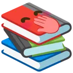 Bücherstapel + verlegen kicherndes Gesicht