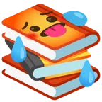 Bücherstapel + schwitzendes Gesicht