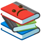 Bücherstapel + düsteres Gesicht