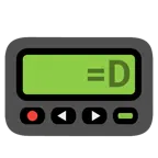 Pager + grinsendes Gesicht mit großen Augen
