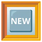 gerahmtes Bild + Wort „New“ in blauem Quadrat