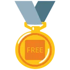 Goldmedaille + Wort „Free“ in blauem Quadrat