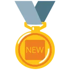 Goldmedaille + Wort „New“ in blauem Quadrat
