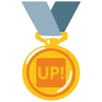 Goldmedaille + Schriftzug „UP!“ im blauen Quadrat