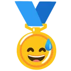 Goldmedaille + grinsendes Gesicht mit Schweißtropfen