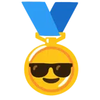 medal za 1. miejsce + uśmiechnięta twarz w okularach przeciwsłonecznych