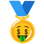 medal za 1. miejsce + twarz z pieniędzmi na ustach