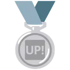 Silbermedaille + Schriftzug „UP!“ im blauen Quadrat