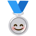 Silbermedaille + lächelndes Gesicht mit lachenden Augen