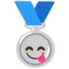 Silbermedaille + sich die Lippen leckendes Gesicht