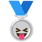 Silbermedaille + Gesicht mit herausgestreckter Zunge und zusammengekniffenen Augen