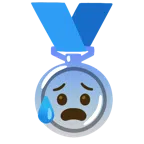 Silbermedaille + besorgtes Gesicht mit Schweißtropfen