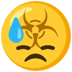 biohazard + downcast face with sweat