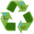 recycling symbol + downcast face with sweat